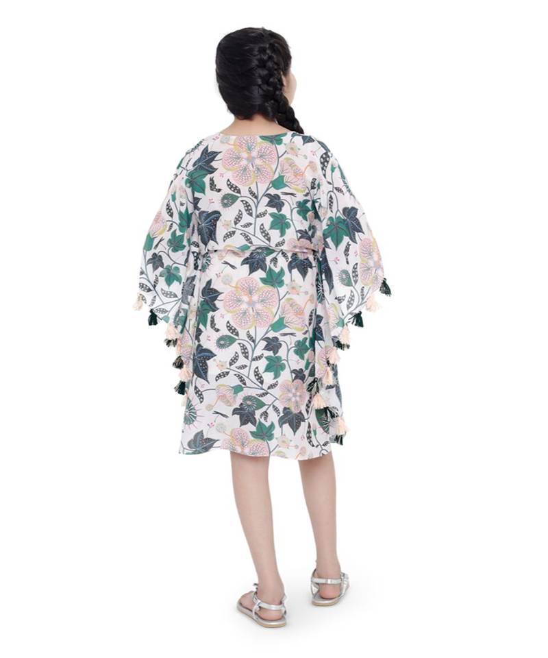 PS Kids White Colour Printed Silkmul Kaftaan for Girls