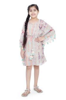 PS Kids Grey Colour Printed Silkmul Kaftaan for Girls