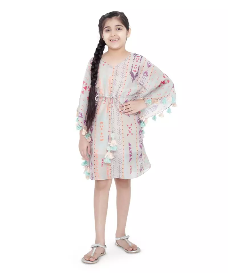PS Kids Grey Colour Printed Silkmul Kaftaan for Girls