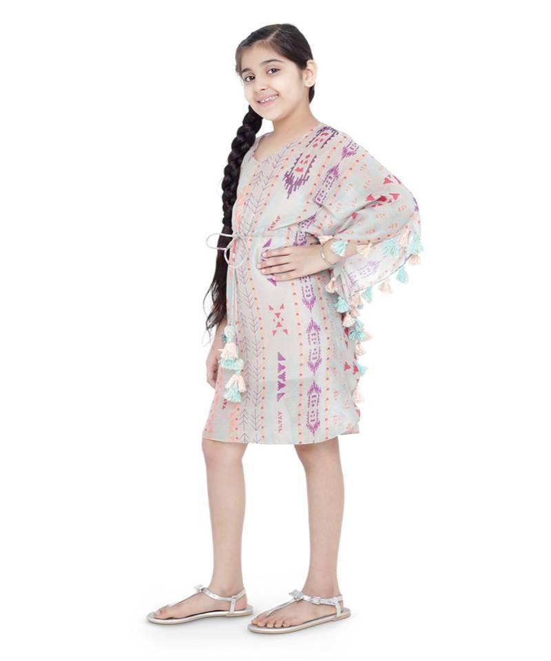 PS Kids Grey Colour Printed Silkmul Kaftaan for Girls