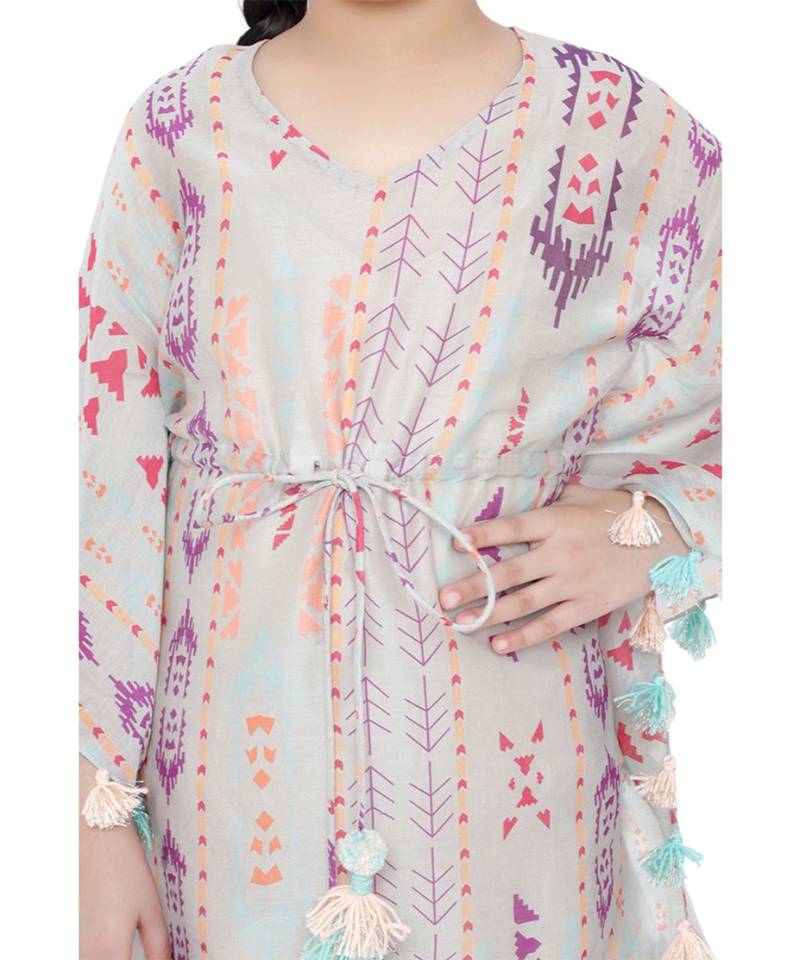 PS Kids Grey Colour Printed Silkmul Kaftaan for Girls
