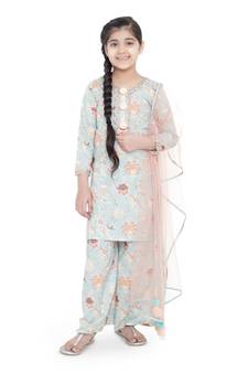 PS Kids Aqua Colour Printed Cotton Kurta with Palazzo and Blush Colour Net Dupatta for Girls