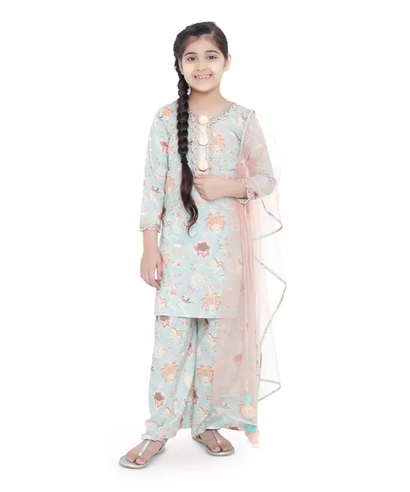 PS Kids Aqua Colour Printed Cotton Kurta with Palazzo and Blush Colour Net Dupatta for Girls