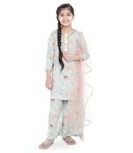 PS Kids Aqua Colour Printed Cotton Kurta with Palazzo and Blush Colour Net Dupatta for Girls