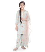 PS Kids by Payal Singhal Aqua Colour Printed Cotton Kurta with Palazzo and Blush Colour Net Dupatta for Girls