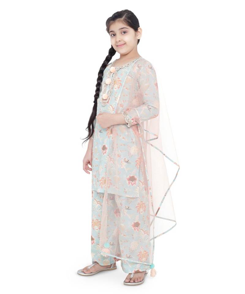 PS Kids Aqua Colour Printed Cotton Kurta with Palazzo and Blush Colour Net Dupatta for Girls