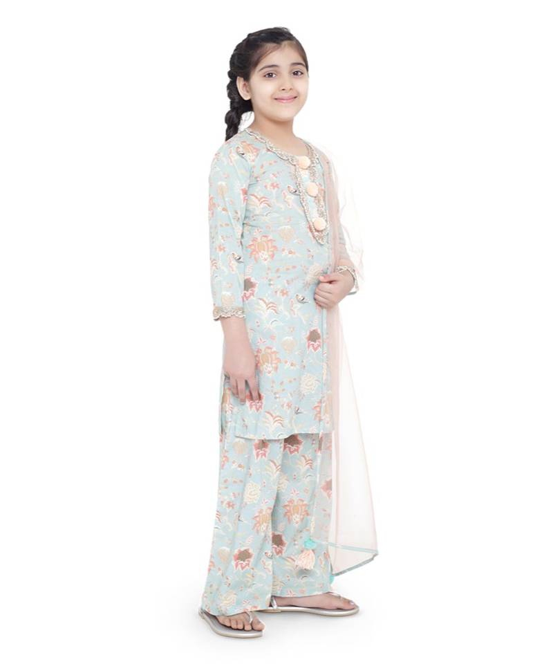 PS Kids Aqua Colour Printed Cotton Kurta with Palazzo and Blush Colour Net Dupatta for Girls