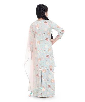 PS Kids by Payal Singhal Aqua Colour Printed Cotton Kurta with Palazzo and Blush Colour Net Dupatta for Girls 4