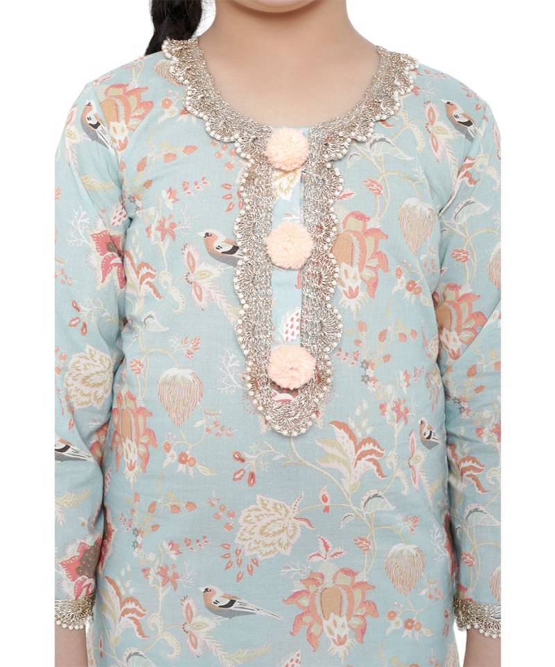 PS Kids Aqua Colour Printed Cotton Kurta with Palazzo and Blush Colour Net Dupatta for Girls