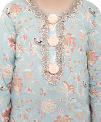 PS Kids by Payal Singhal Aqua Colour Printed Cotton Kurta with Palazzo and Blush Colour Net Dupatta for Girls 5