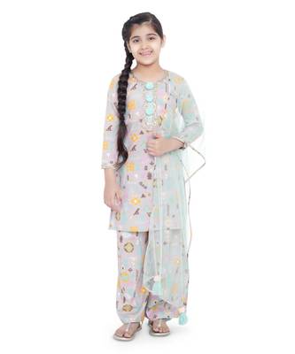 PS Kids Lavender Colour Printed Cotton Kurta with Palazzo and Aqua Colour Net Dupatta for Girls 1
