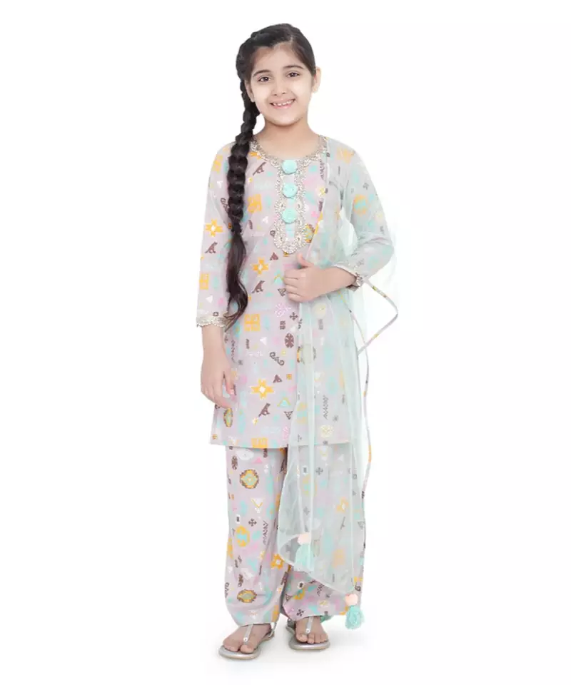 PS Kids Lavender Colour Printed Cotton Kurta with Palazzo and Aqua Colour Net Dupatta for Girls