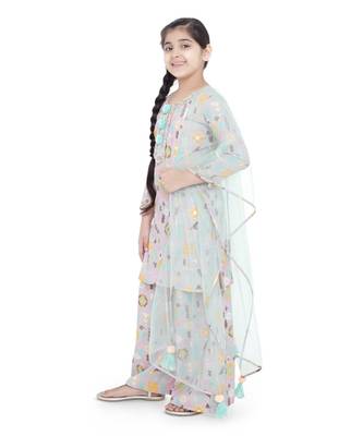 PS Kids Lavender Colour Printed Cotton Kurta with Palazzo and Aqua Colour Net Dupatta for Girls 2