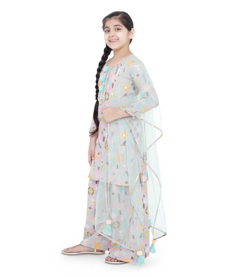 PS Kids Lavender Colour Printed Cotton Kurta with Palazzo and Aqua Colour Net Dupatta for Girls