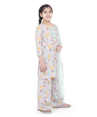 PS Kids Lavender Colour Printed Cotton Kurta with Palazzo and Aqua Colour Net Dupatta for Girls 3