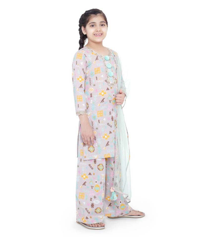 PS Kids Lavender Colour Printed Cotton Kurta with Palazzo and Aqua Colour Net Dupatta for Girls