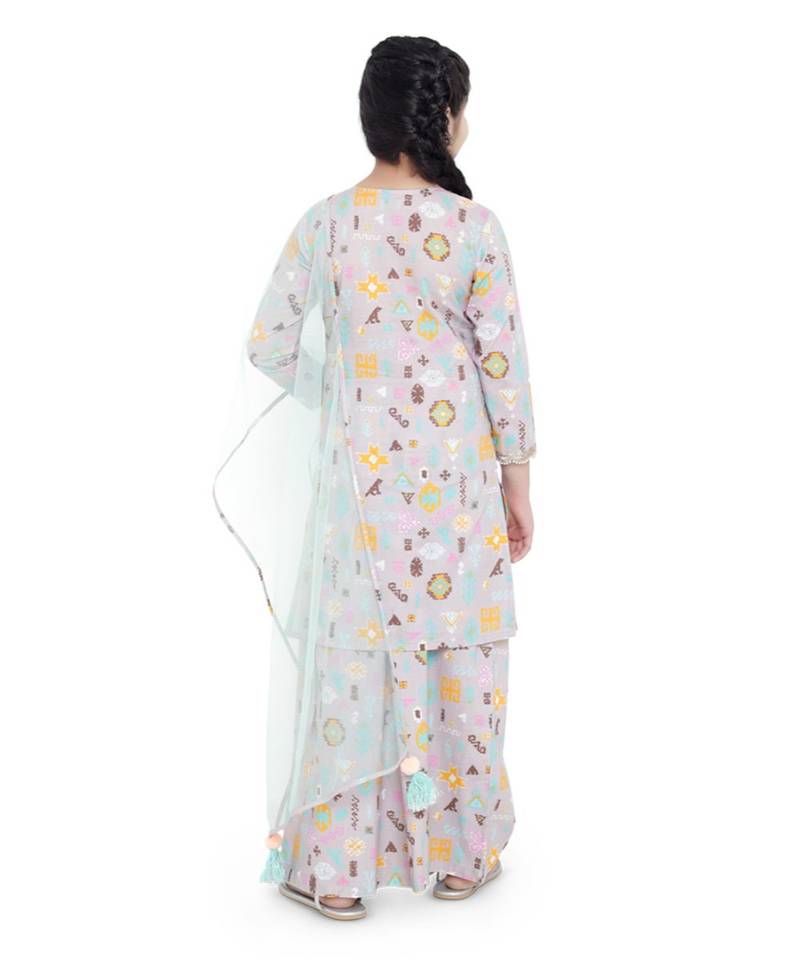 PS Kids Lavender Colour Printed Cotton Kurta with Palazzo and Aqua Colour Net Dupatta for Girls