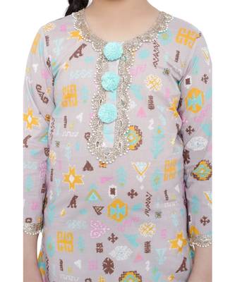 PS Kids Lavender Colour Printed Cotton Kurta with Palazzo and Aqua Colour Net Dupatta for Girls 5