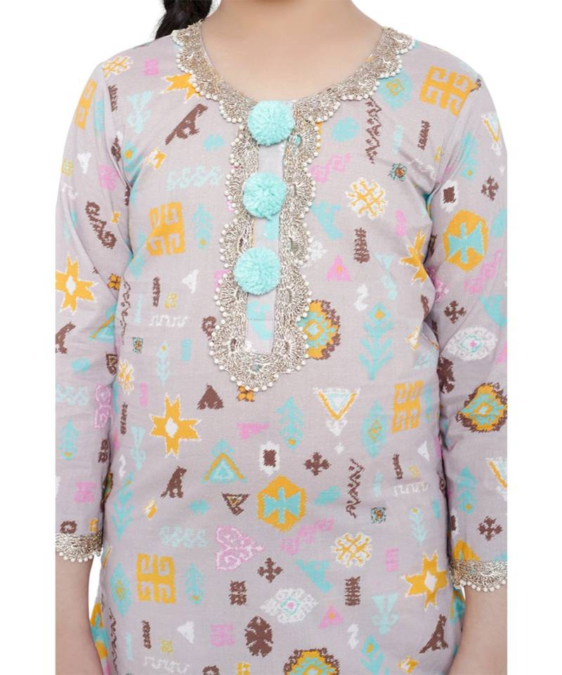 PS Kids Lavender Colour Printed Cotton Kurta with Palazzo and Aqua Colour Net Dupatta for Girls