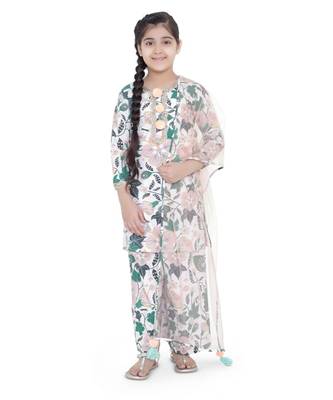 PS Kids White Colour Printed Cotton Kurta with Palazzo and Blush Colour Net Dupatta for Girls 1