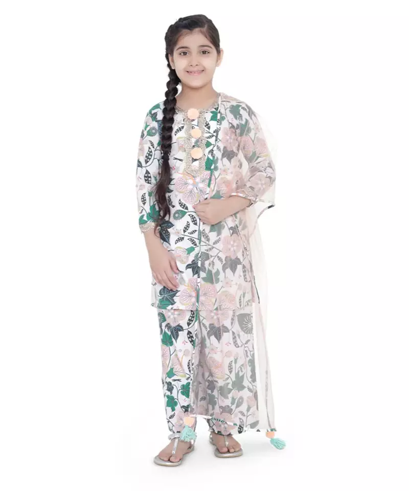 PS Kids White Colour Printed Cotton Kurta with Palazzo and Blush Colour Net Dupatta for Girls