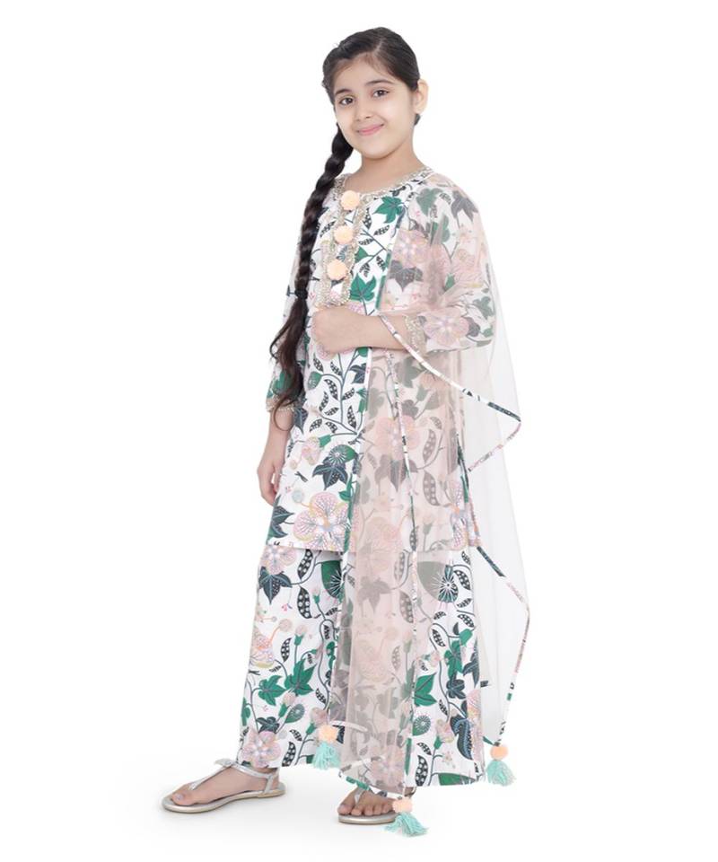PS Kids White Colour Printed Cotton Kurta with Palazzo and Blush Colour Net Dupatta for Girls