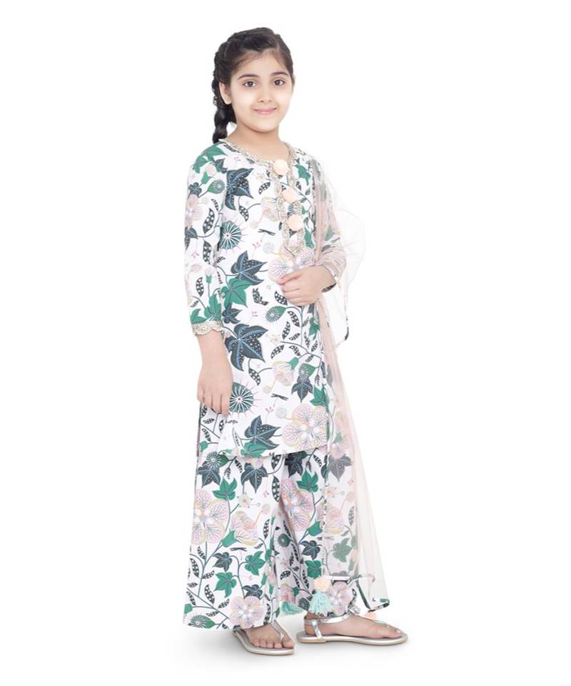 PS Kids White Colour Printed Cotton Kurta with Palazzo and Blush Colour Net Dupatta for Girls