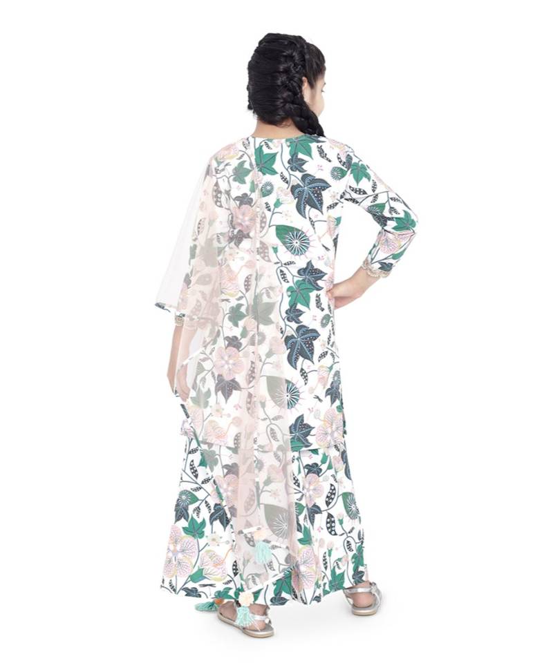 PS Kids White Colour Printed Cotton Kurta with Palazzo and Blush Colour Net Dupatta for Girls