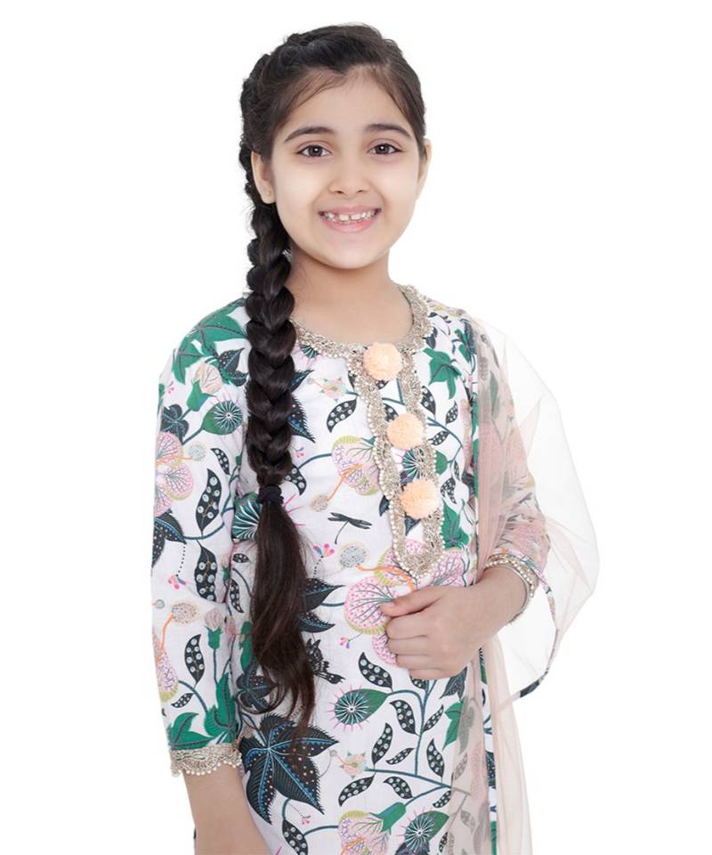 PS Kids White Colour Printed Cotton Kurta with Palazzo and Blush Colour Net Dupatta for Girls