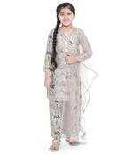 PS Kids Mint Colour Printed Cotton Kurta with Palazzo and Blush Colour Net Dupatta for Girls
