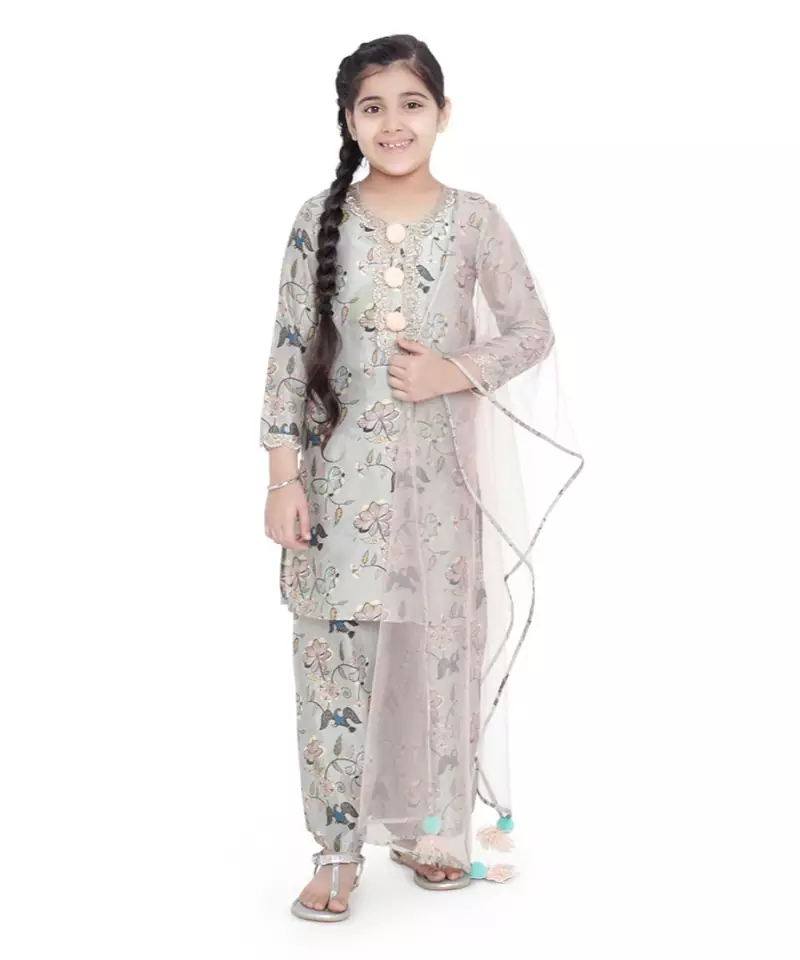 PS Kids Mint Colour Printed Cotton Kurta with Palazzo and Blush Colour Net Dupatta for Girls