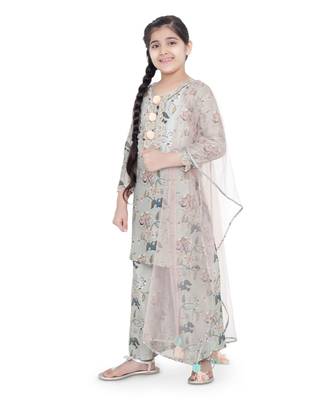 PS Kids Mint Colour Printed Cotton Kurta with Palazzo and Blush Colour Net Dupatta for Girls 2