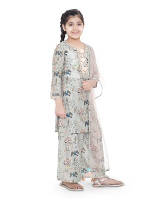 PS Kids Mint Colour Printed Cotton Kurta with Palazzo and Blush Colour Net Dupatta for Girls 3