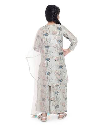 PS Kids Mint Colour Printed Cotton Kurta with Palazzo and Blush Colour Net Dupatta for Girls 4