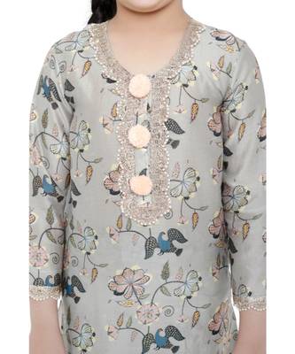 PS Kids Mint Colour Printed Cotton Kurta with Palazzo and Blush Colour Net Dupatta for Girls 5