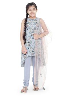 Printed Art Georgette Kigh Low Kurta with Pale Blue Colour Soft Net Churidar and Blush Colour Net Dupatta for Girls
