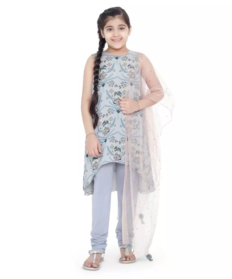 Printed Art Georgette Kigh Low Kurta with Pale Blue Colour Soft Net Churidar and Blush Colour Net Dupatta for Girls