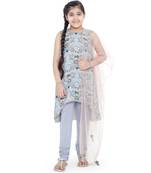Printed Art Georgette Kigh Low Kurta with Pale Blue Colour Soft Net Churidar and Blush Colour Net Dupatta for Girls