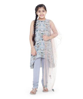 Printed Art Georgette Kigh Low Kurta with Pale Blue Colour Soft Net Churidar and Blush Colour Net Dupatta for Girls 1