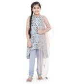 Printed Art Georgette Kigh Low Kurta with Pale Blue Colour Soft Net Churidar and Blush Colour Net Dupatta for Girls