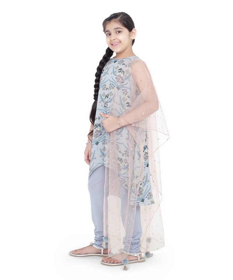 Printed Art Georgette Kigh Low Kurta with Pale Blue Colour Soft Net Churidar and Blush Colour Net Dupatta for Girls