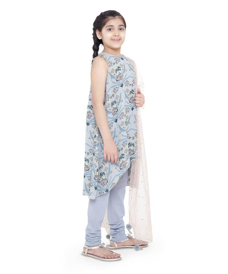 Printed Art Georgette Kigh Low Kurta with Pale Blue Colour Soft Net Churidar and Blush Colour Net Dupatta for Girls
