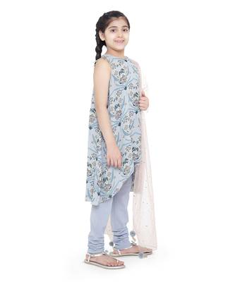 Printed Art Georgette Kigh Low Kurta with Pale Blue Colour Soft Net Churidar and Blush Colour Net Dupatta for Girls 3