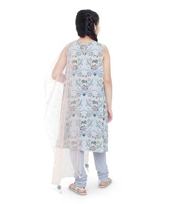 Printed Art Georgette Kigh Low Kurta with Pale Blue Colour Soft Net Churidar and Blush Colour Net Dupatta for Girls 4