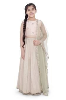 Silk Embroidered Choli with Mint Colour Mukaish Net and Blush Colour Silk Lehenga with Mint Colour Net Dupatta for Girls