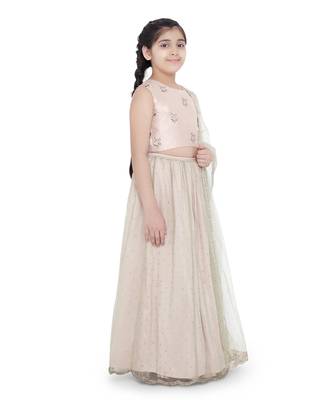 Silk Embroidered Choli with Mint Colour Mukaish Net and Blush Colour Silk Lehenga with Mint Colour Net Dupatta for Girls 3