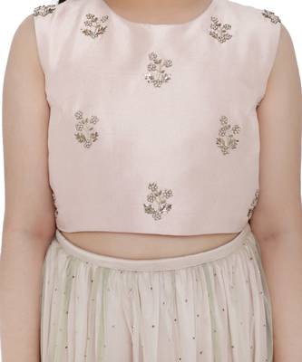 Silk Embroidered Choli with Mint Colour Mukaish Net and Blush Colour Silk Lehenga with Mint Colour Net Dupatta for Girls 5