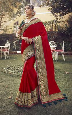 Red embroidered tussar silk saree with blouse 1