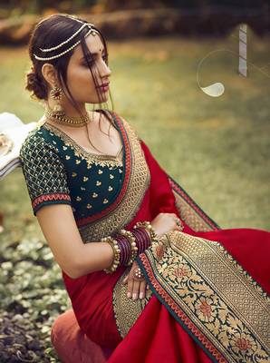 Red embroidered tussar silk saree with blouse 2