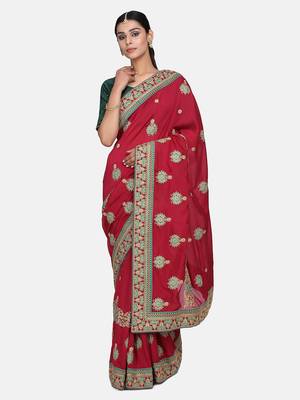 Wine embroidered silk blend saree with blouse 1
